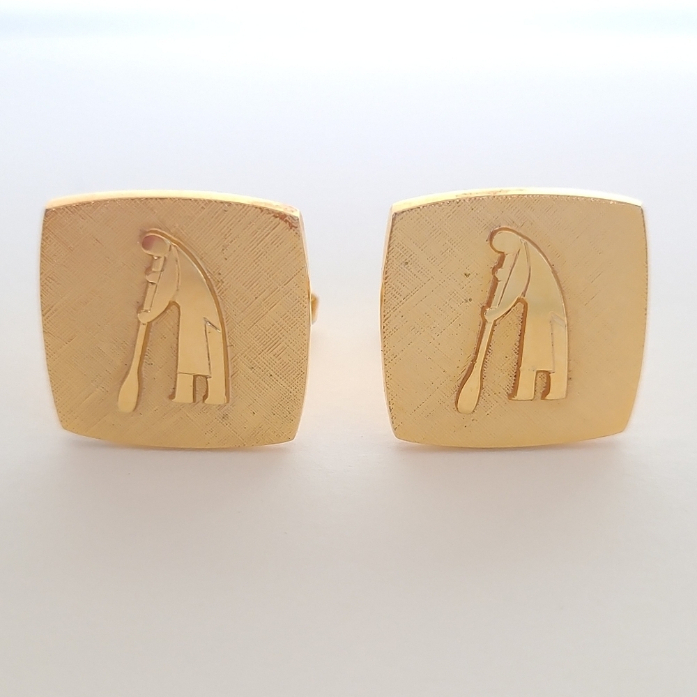 Vintage Gold Tone Golfer Cufflinks Square Golf Motif Men’s Cuff Links